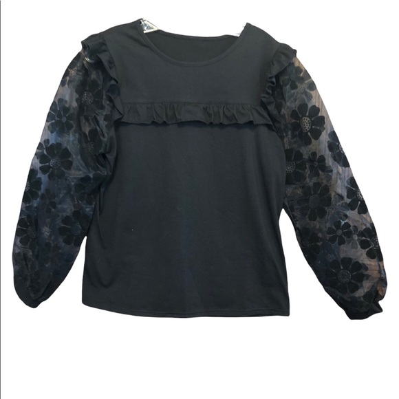 NWOT Black Ruffle Sheer Sleeve Top - Picture 1 of 2